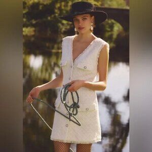 💥Stunning BHLDN Ella V-Neck Pearl Tweed White Sleeveless Retro Mini Dress M